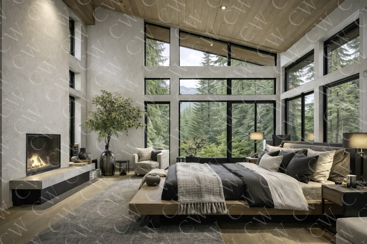 Großes, modernes Schlafzimmer mit Kamin, Holzdecke und großen Fenstern mit Blick auf einen grünen Wald.