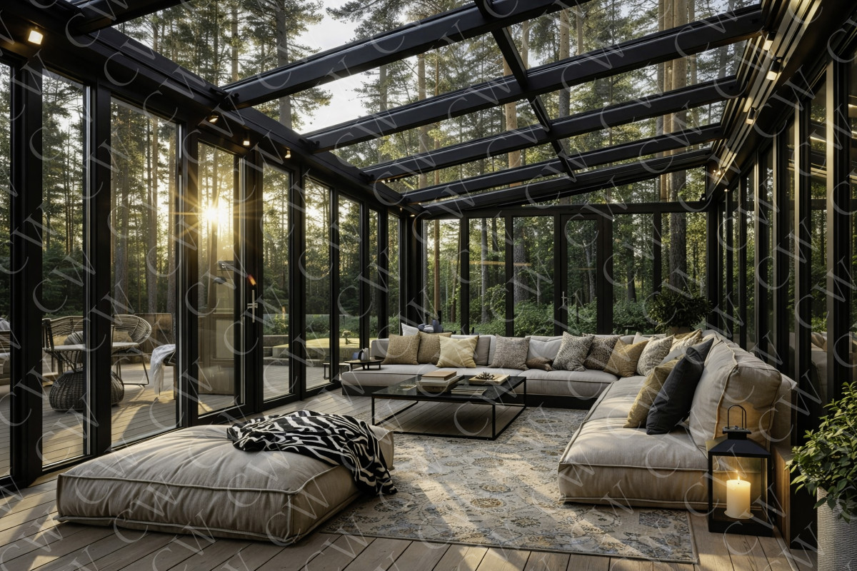 Großer, moderner Wintergarten mit bequemen Sofas, Teppich und Blick ins Grüne bei Sonnenuntergang.