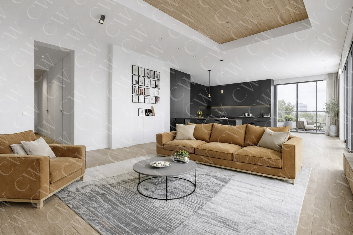 Helles, modernes Wohnzimmer mit braunem Sofa, offener Küche und großen Fenstern.