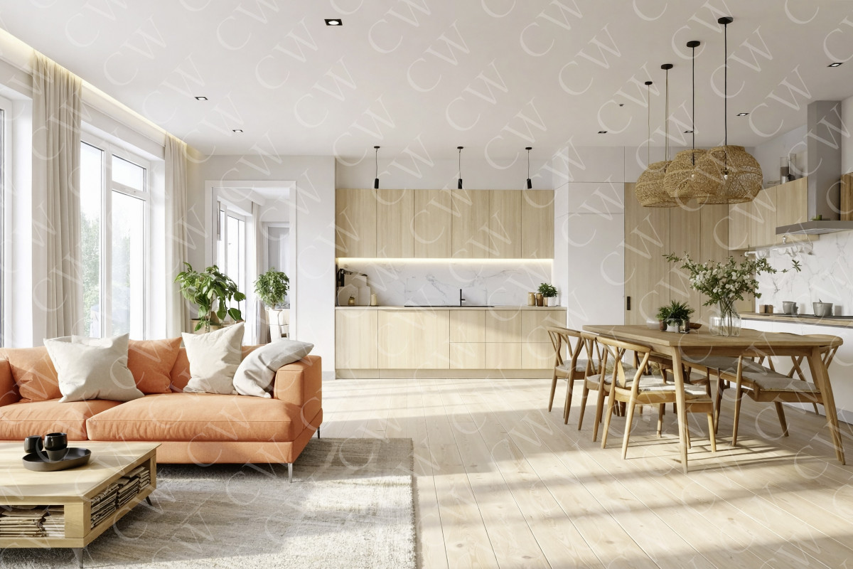 Modernes Wohnzimmer mit orangefarbenem Sofa, Esstisch und offener, heller Küche.