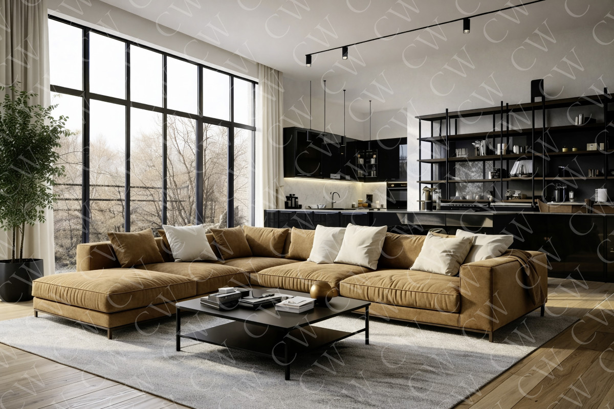 Großes Wohnzimmer mit brauner Eckcouch, schwarzem Couchtisch und offener moderner Küche.