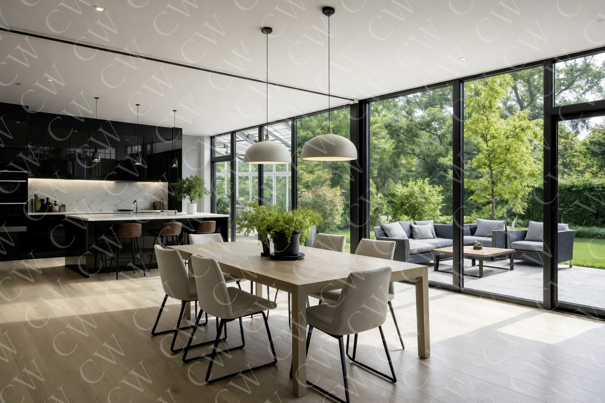 Helle Wohnküche mit großem Esstisch, modernen Möbeln und Blick auf Terrasse und Garten