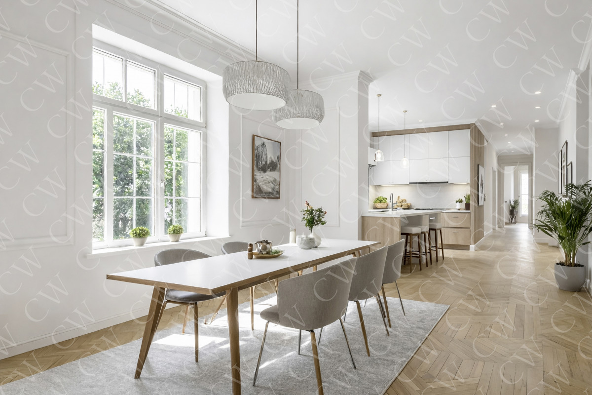 Helles Esszimmer mit weißem Tisch, sechs Stühlen und angrenzender offener Küche.