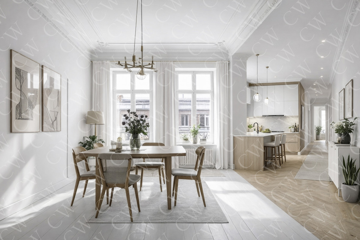 Helles Esszimmer mit Holztisch, vier Stühlen, großen Fenstern und offener Küche im skandinavischen Stil.