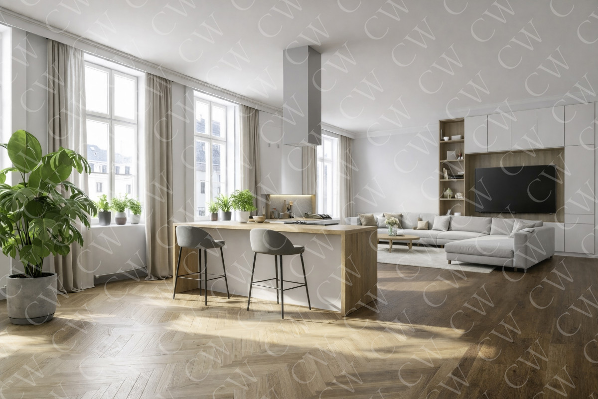 Helles, modernes Wohnzimmer mit offener Küche, Kücheninsel, Pflanzen und grauer Eckcouch