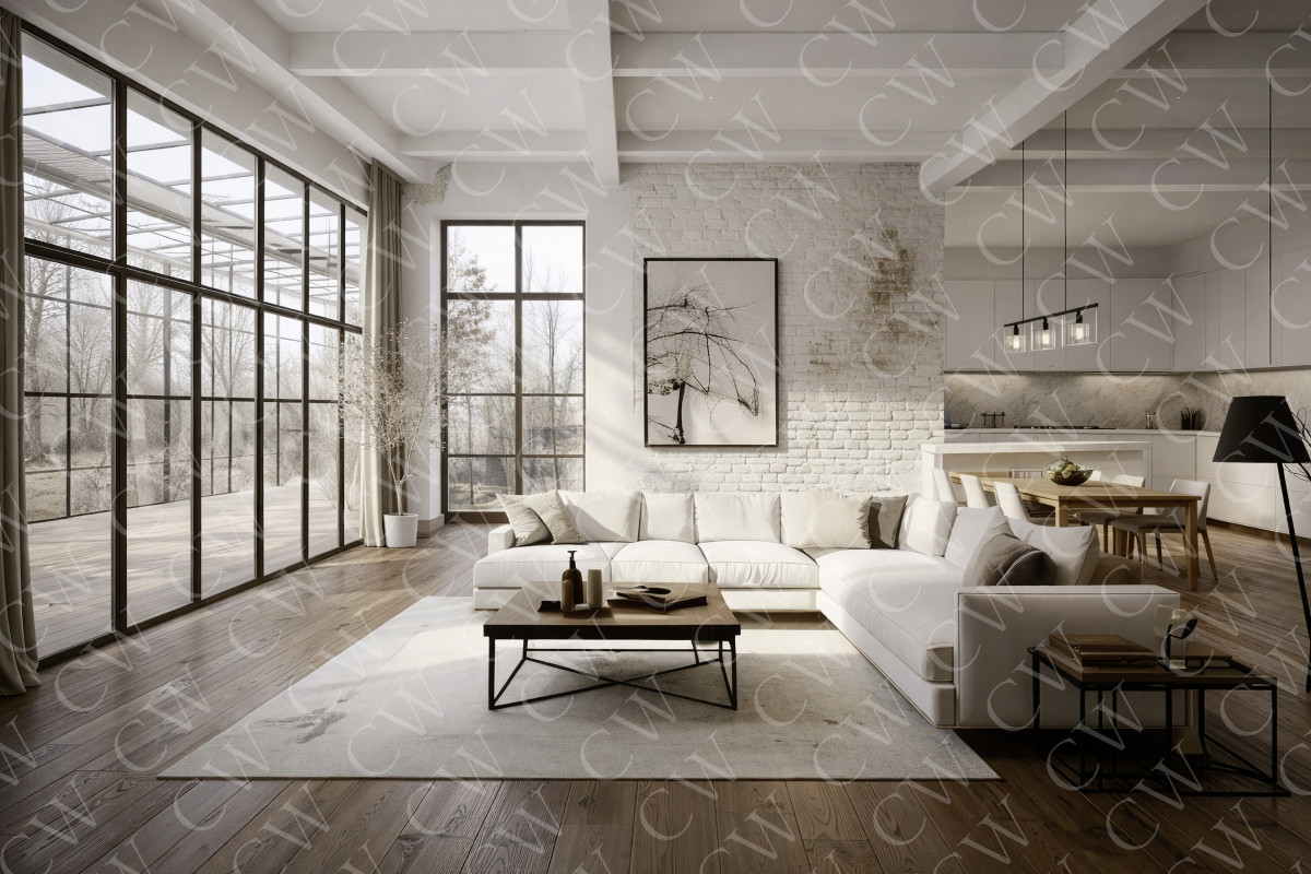 Helles Wohnzimmer mit weißen Möbeln, großen Panoramafenstern und offener Küche im modernen Design.