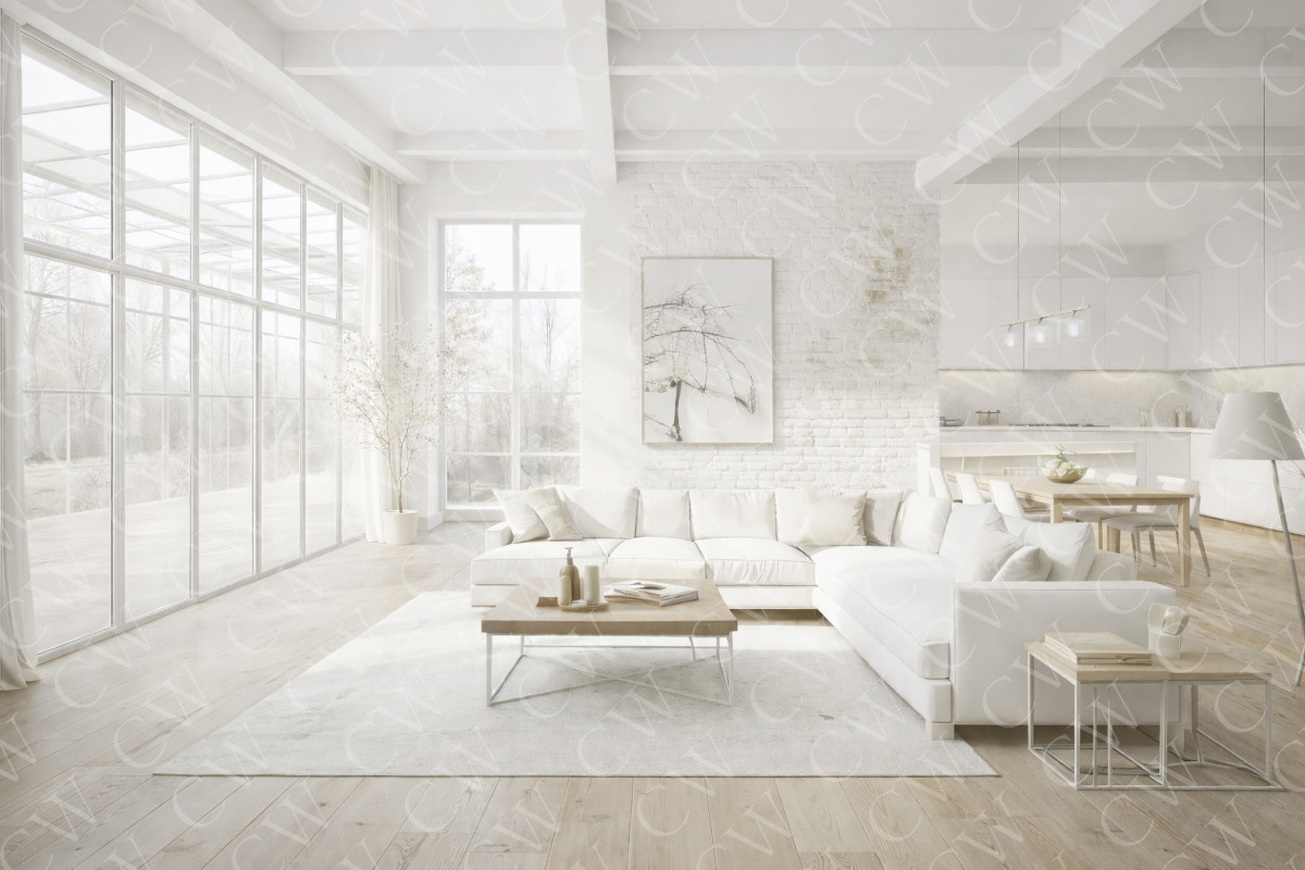 Modernes, lichtdurchflutetes Wohnzimmer mit weißen Möbeln und großen Fenstern.