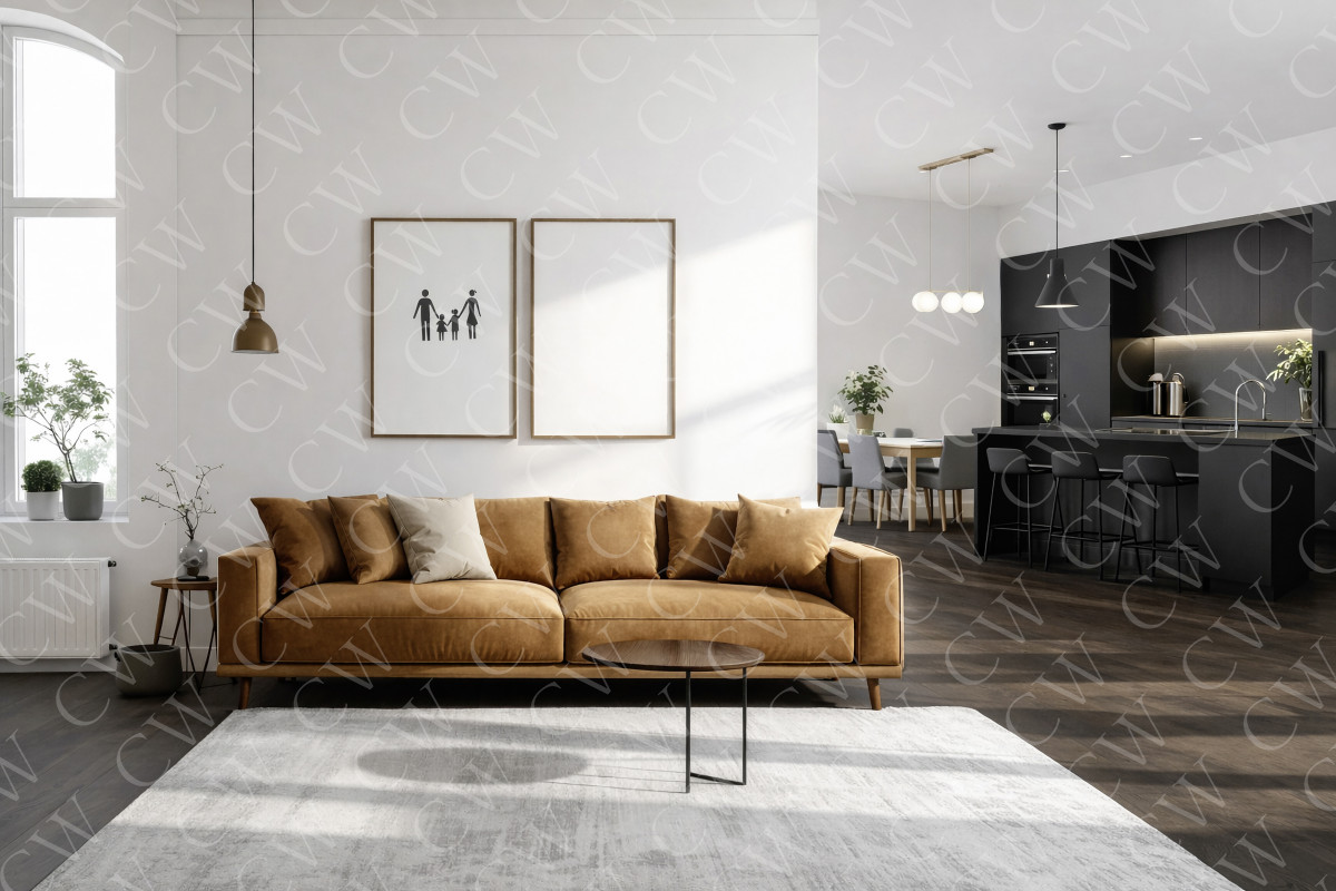 Helles Wohnzimmer mit braunem Sofa, Teppich und Blick auf offene schwarze Küche.