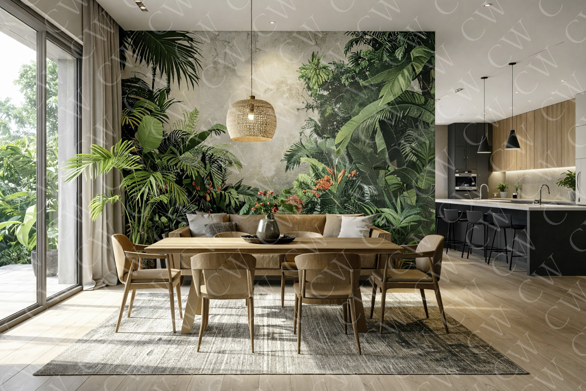 Modern eingerichtetes Esszimmer mit großflächiger Dschungel-Wandtapete und viel Tageslicht.