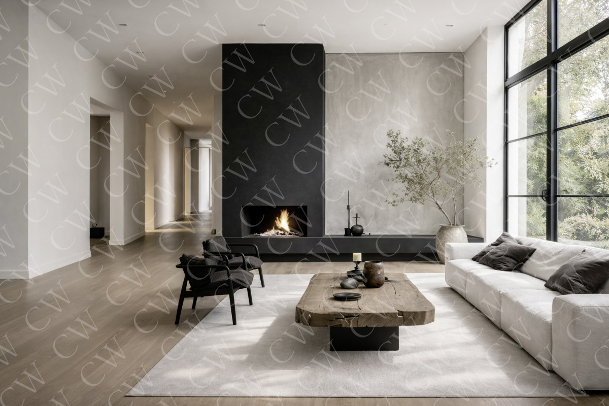 Helles, modernes Wohnzimmer mit Kamin, Naturholz-Tisch, Sofalandschaft und großen bodentiefen Fenstern.