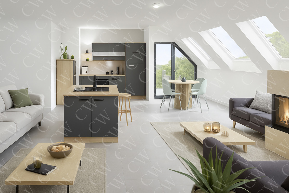 Helles, modernes Wohnzimmer mit offener Küche, Essbereich und Kamin unter Dachschrägen.