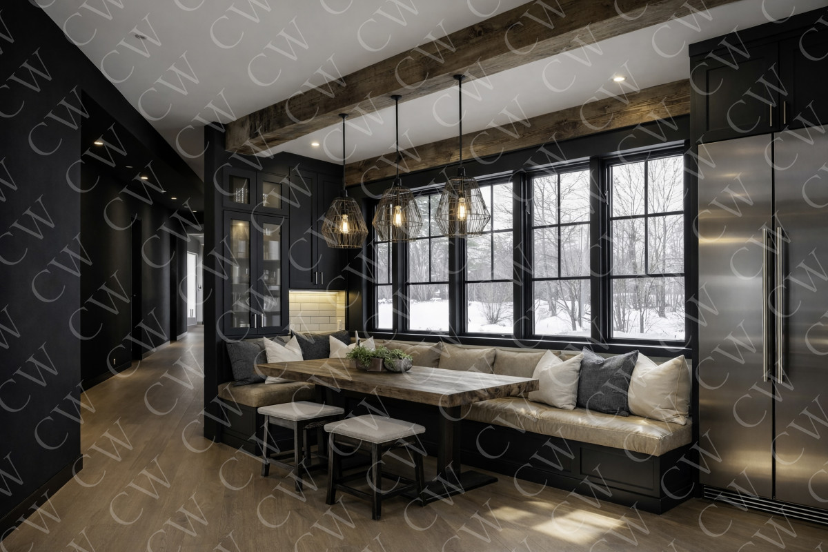 Eleganter Küchen-Essbereich mit Holztisch, Sitzbank und Panoramafenstern.