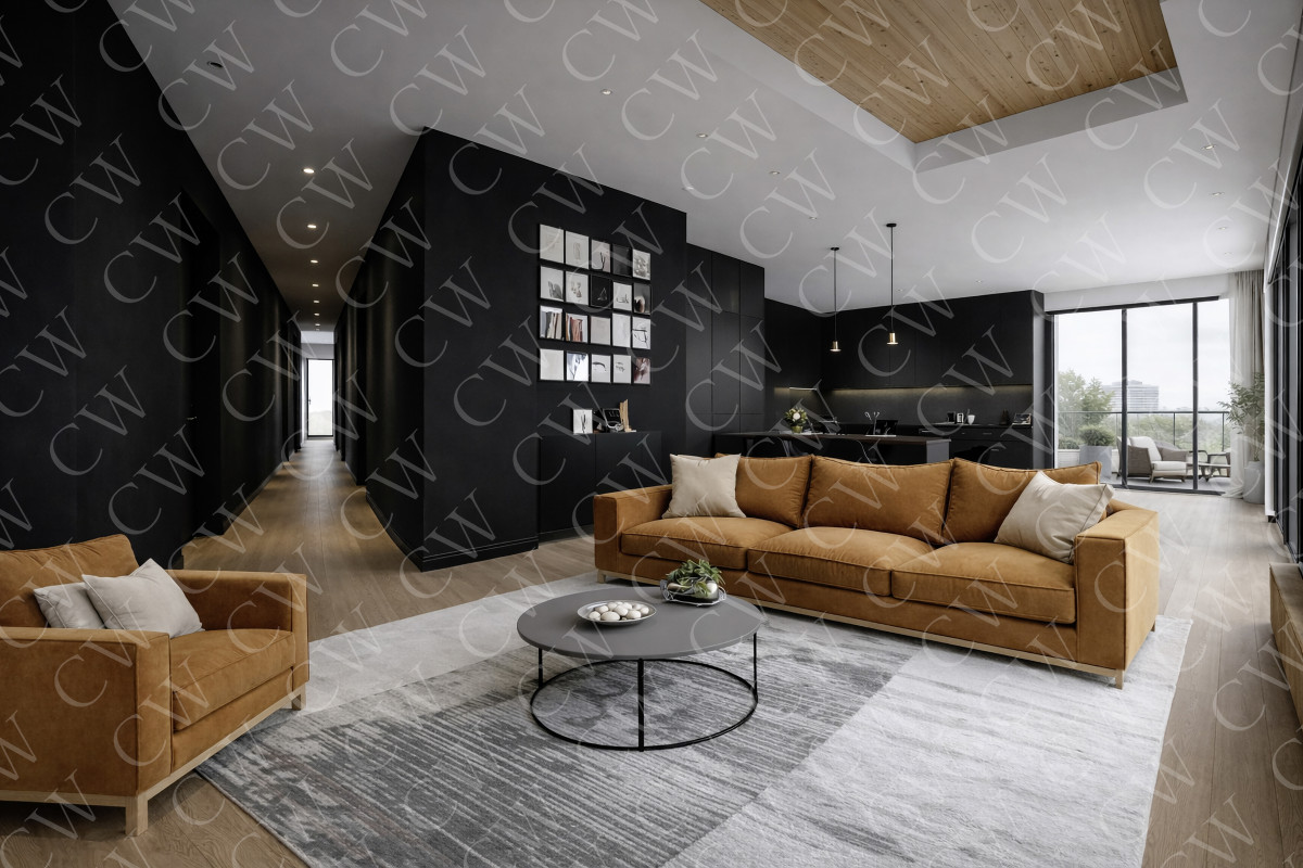 Designer-Wohnzimmer mit braunem Sofa, schwarzer Küche und großem Fenster zum Balkon.