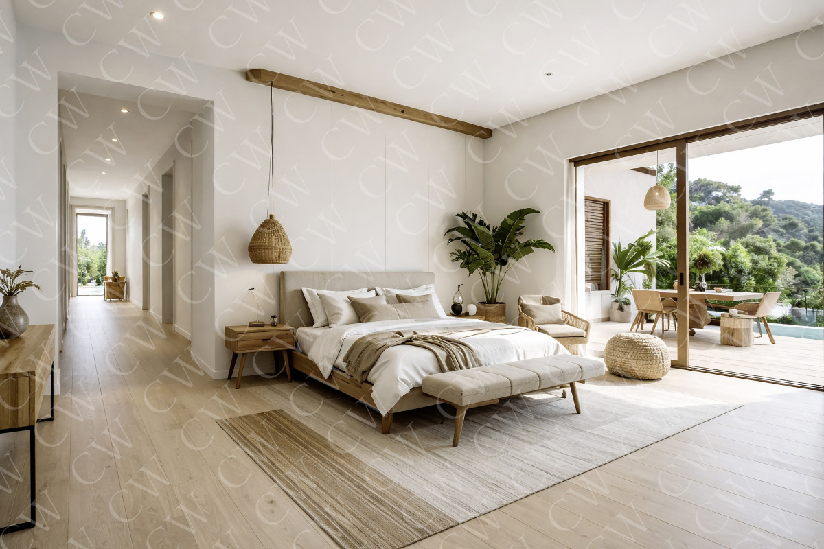 Helles Schlafzimmer im modernen Stil mit Holzmöbeln, Pflanzen und Terrasse mit Blick ins Grüne.