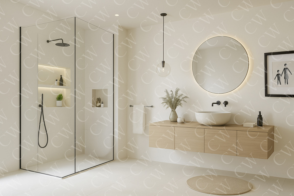 Helles, modernes Badezimmer mit Glasdusche, Holzwaschtisch und rundem Spiegel.