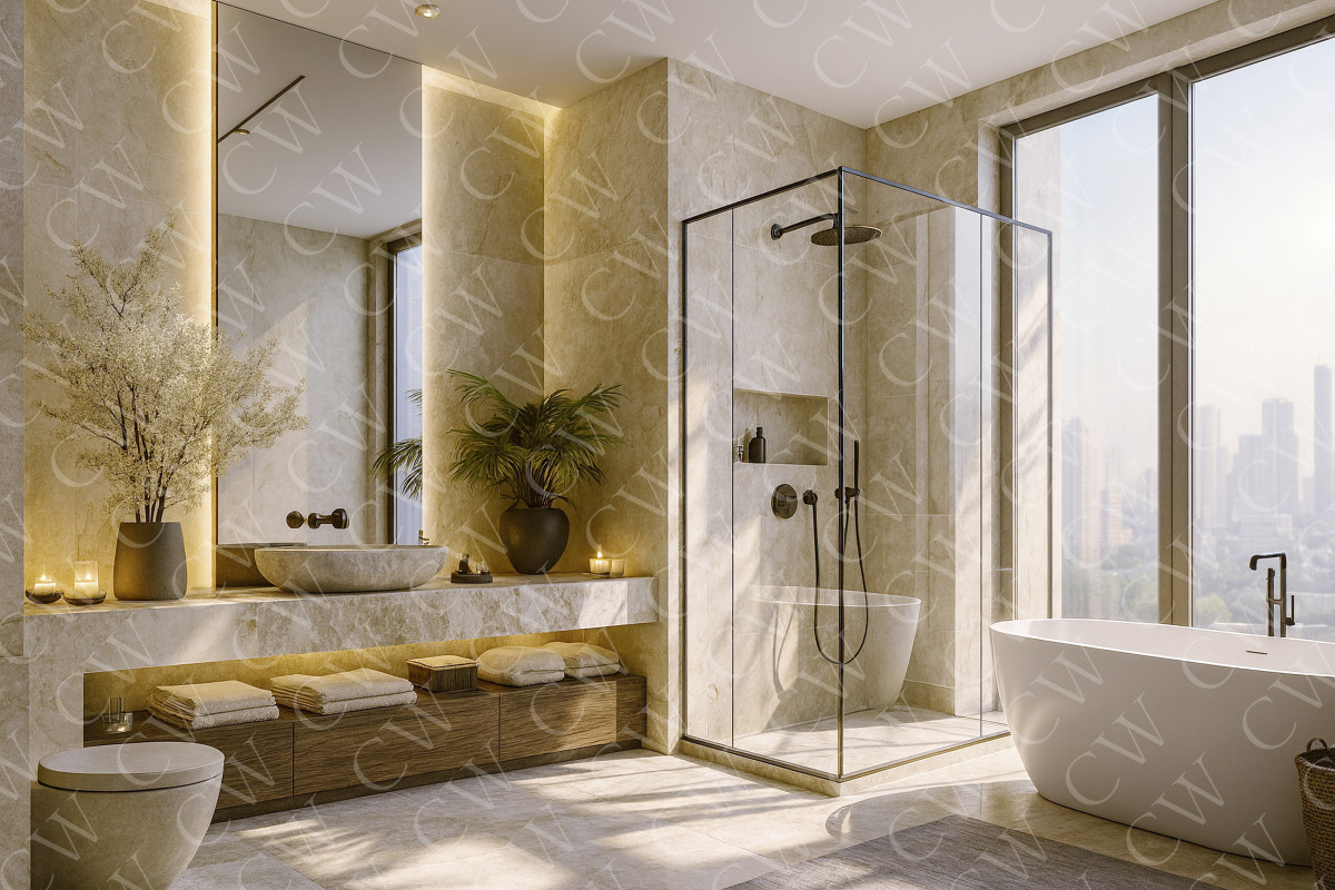 Modernes Badezimmer mit freistehender Badewanne, Glasdusche und großem Fenster mit Stadtblick.