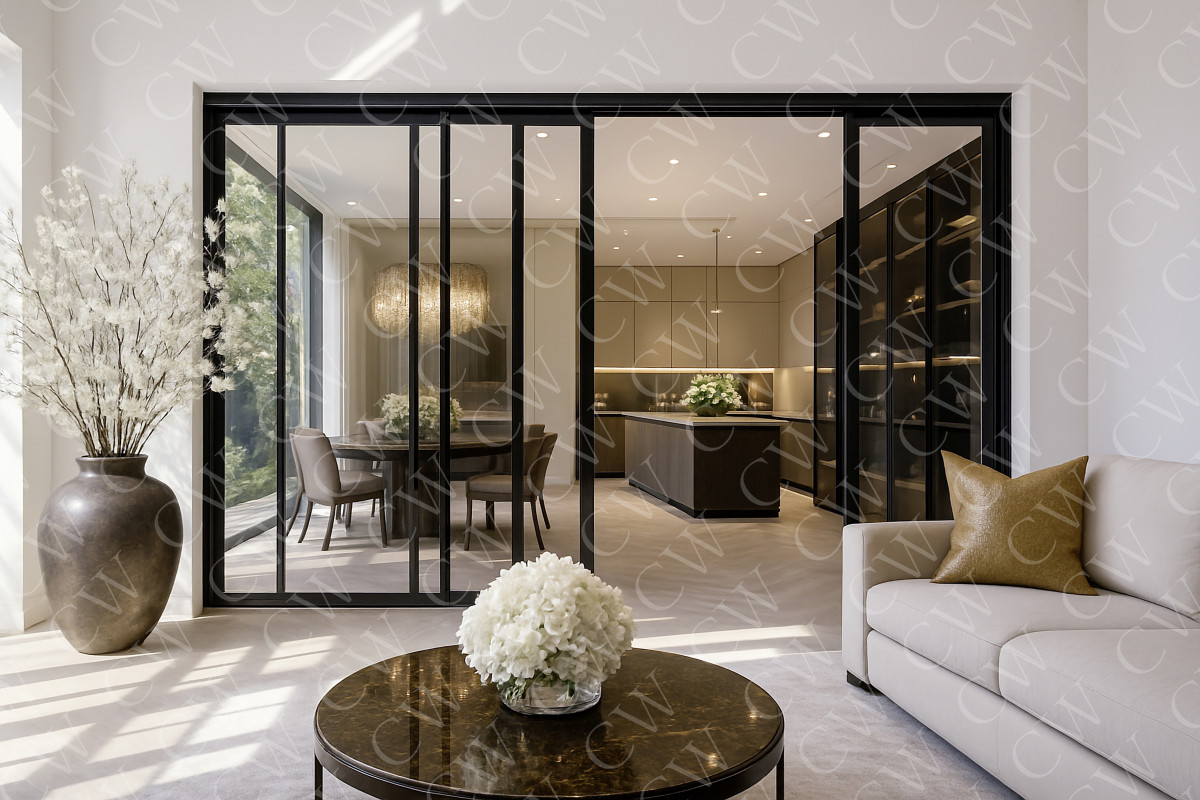 Helles Wohnzimmer mit Glas-Schiebetüren, Essbereich und moderner Küche im Hintergrund.