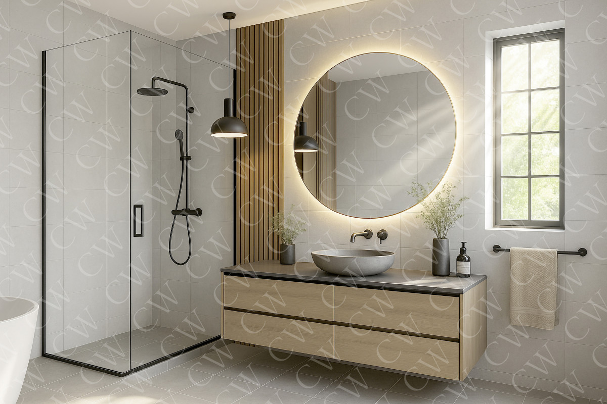 Modernes Badezimmer mit Holzwaschtisch, großem Rundspiegel, bodengleicher Dusche und Fenster.