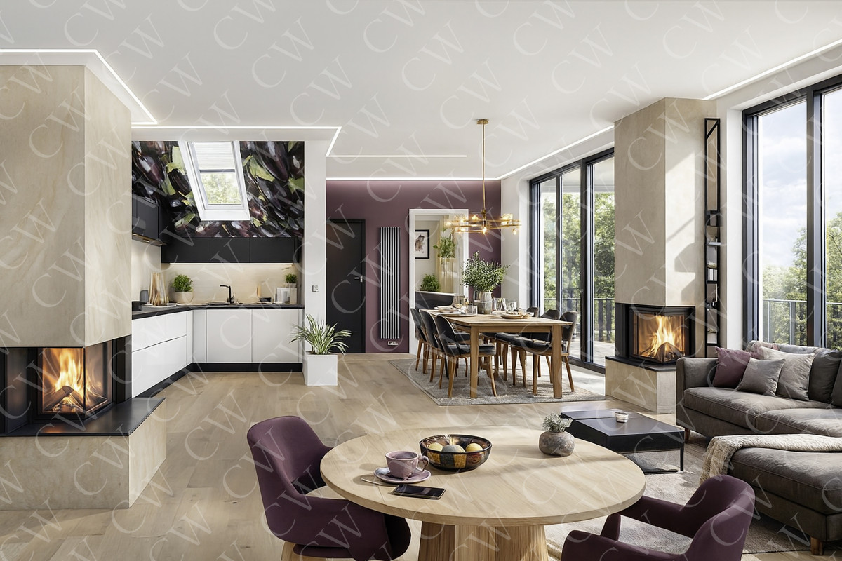 Helles, modernes Wohnzimmer mit Kamin, Essbereich, offener Küche und großen Fenstern.