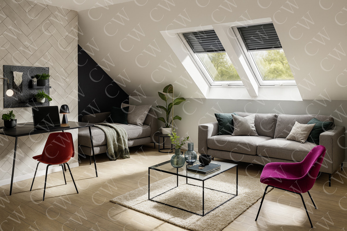 Modern eingerichtetes Wohnzimmer mit Dachfenstern, Arbeitsbereich und gemütlicher Sitzecke