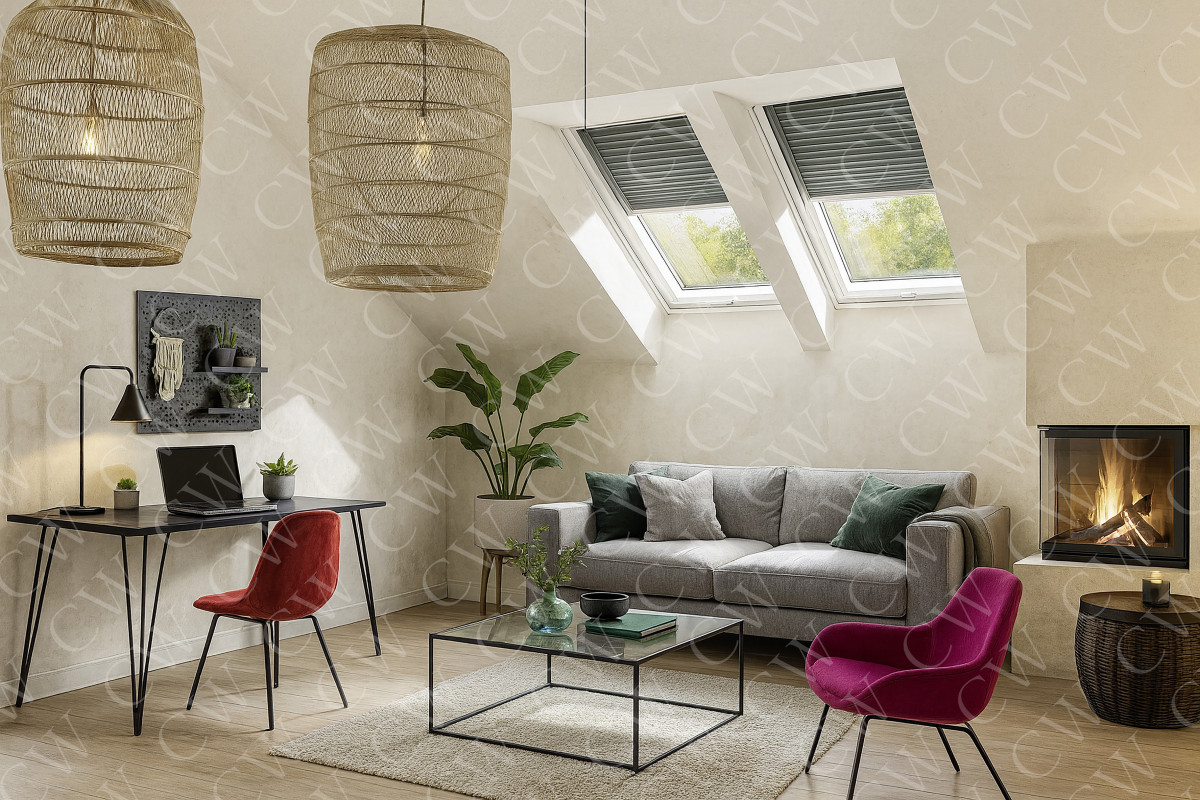 Helles Wohnzimmer mit grauem Sofa, Kamin, Homeoffice-Bereich und großen Dachfenstern.