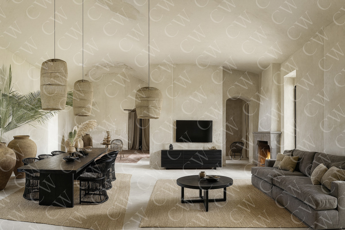 Helles Wohnzimmer mit Naturmaterialien, modernem Sofa, Esstisch, TV und Kamin im Boho-Stil