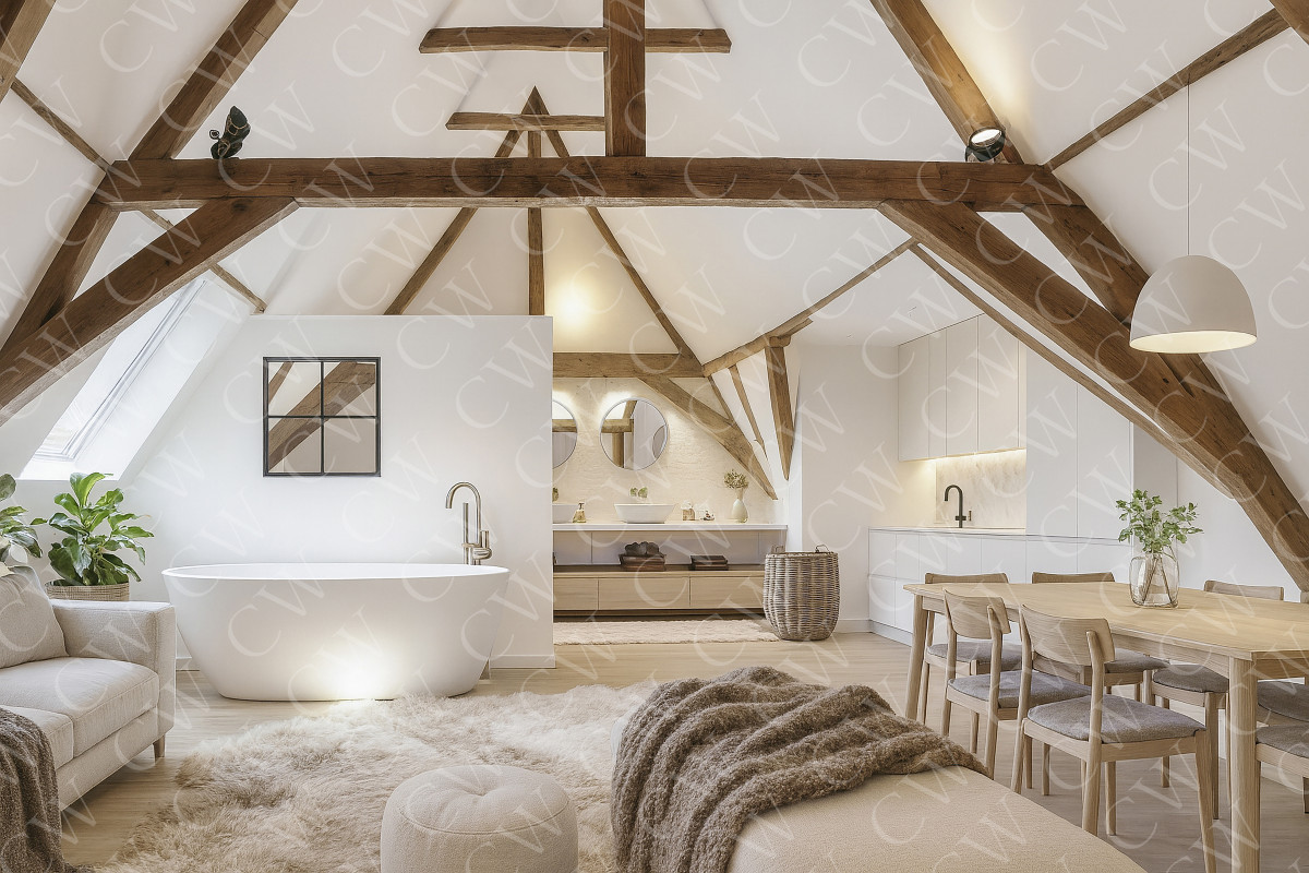 Helles Loft mit freiliegenden Holzbalken, freistehender Badewanne, Essbereich und moderner Küche.