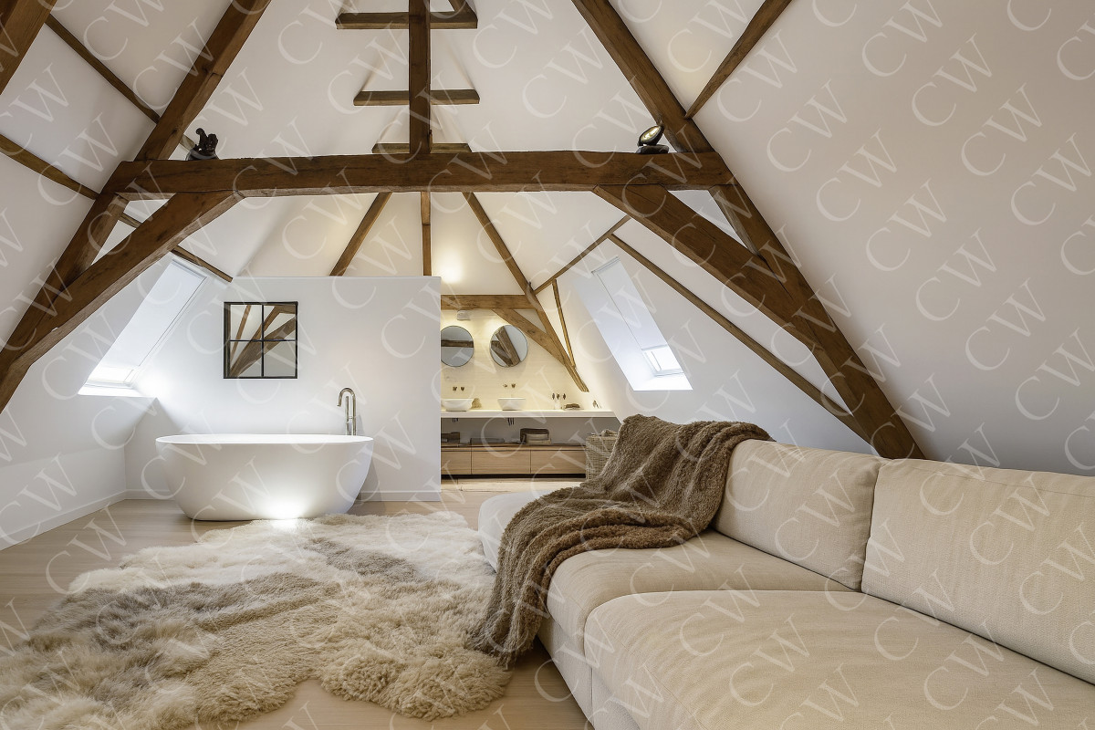 Helles Dachgeschoss-Badezimmer mit freistehender Badewanne, Sofa und Holzträgern.