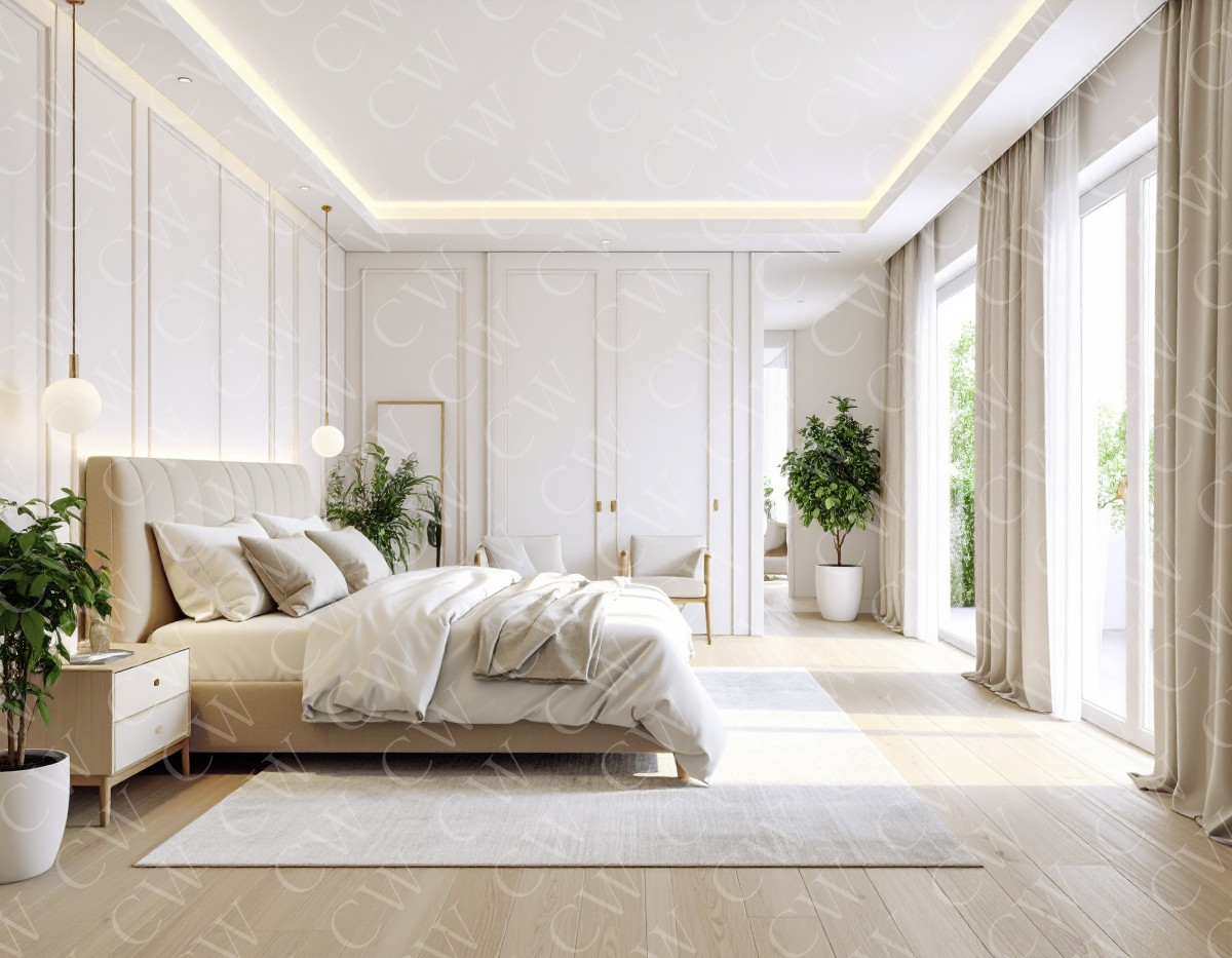 Minimalistisch eingerichtetes Schlafzimmer mit Doppelbett, Pflanzen und großen Fenstern.