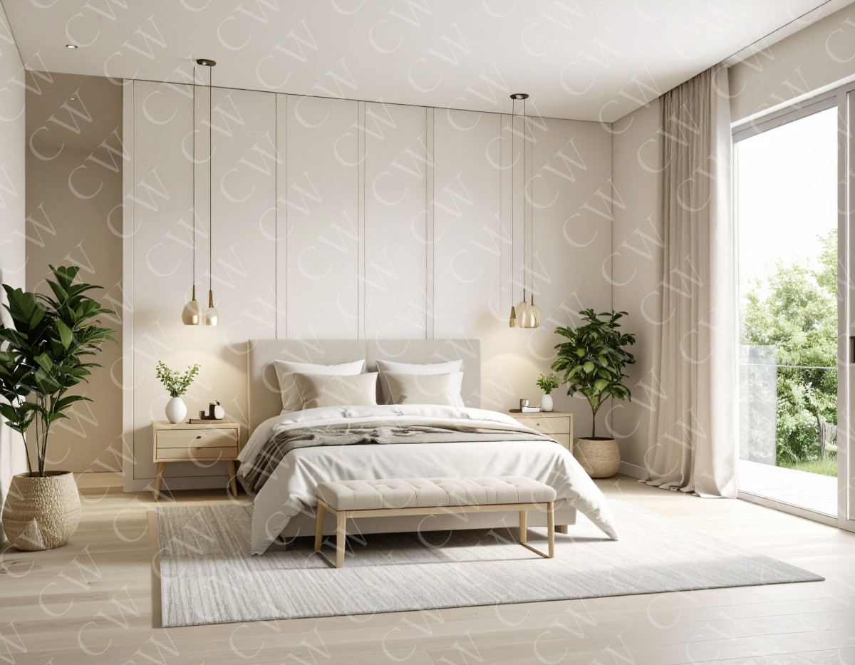 Modern eingerichtetes, helles Schlafzimmer mit großen Fenstern und Zimmerpflanzen