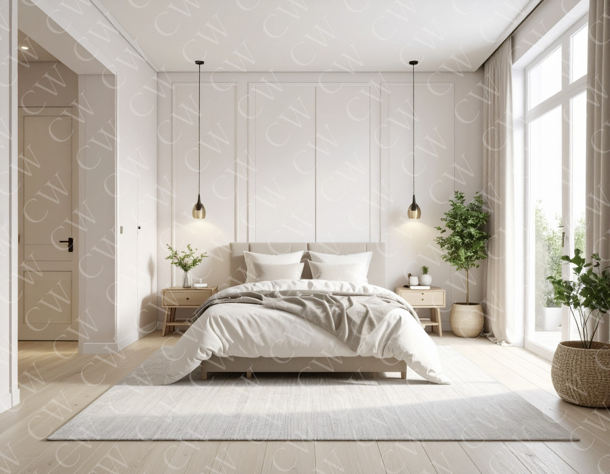 Lichtdurchflutetes Schlafzimmer mit Doppelbett, Pflanzen und modernen Möbeln