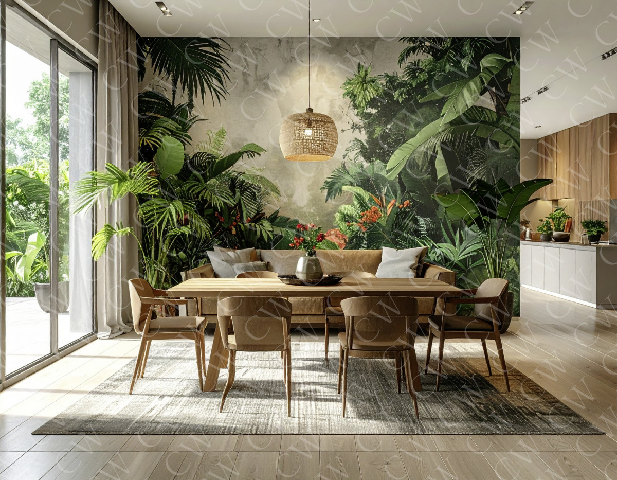 Esszimmer mit hölzernem Tisch, Stühlen und grüner Dschungel-Wandtapete im modernen Stil.