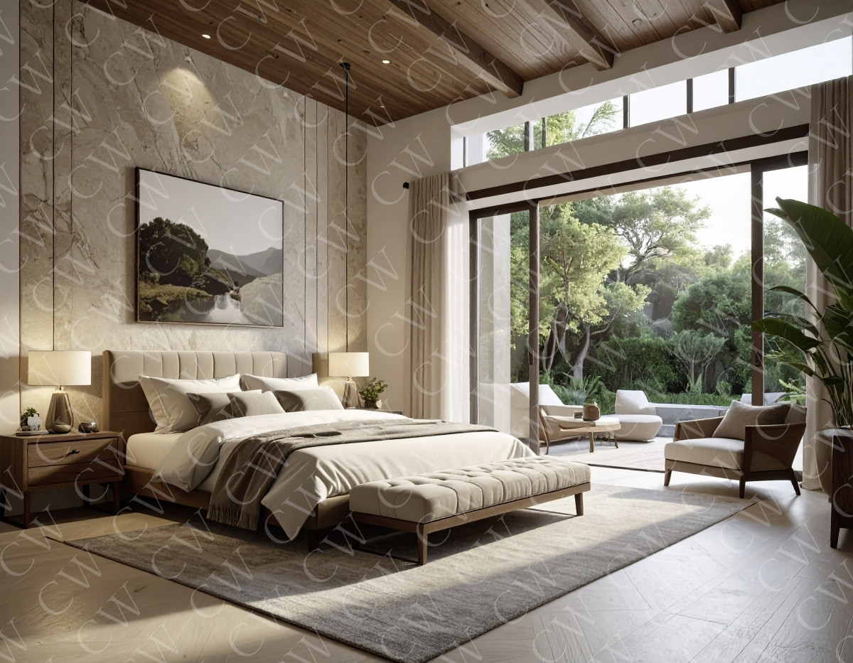 Helles, modernes Schlafzimmer mit großen Fenstern, elegantem Bett und Blick auf den grünen Garten.