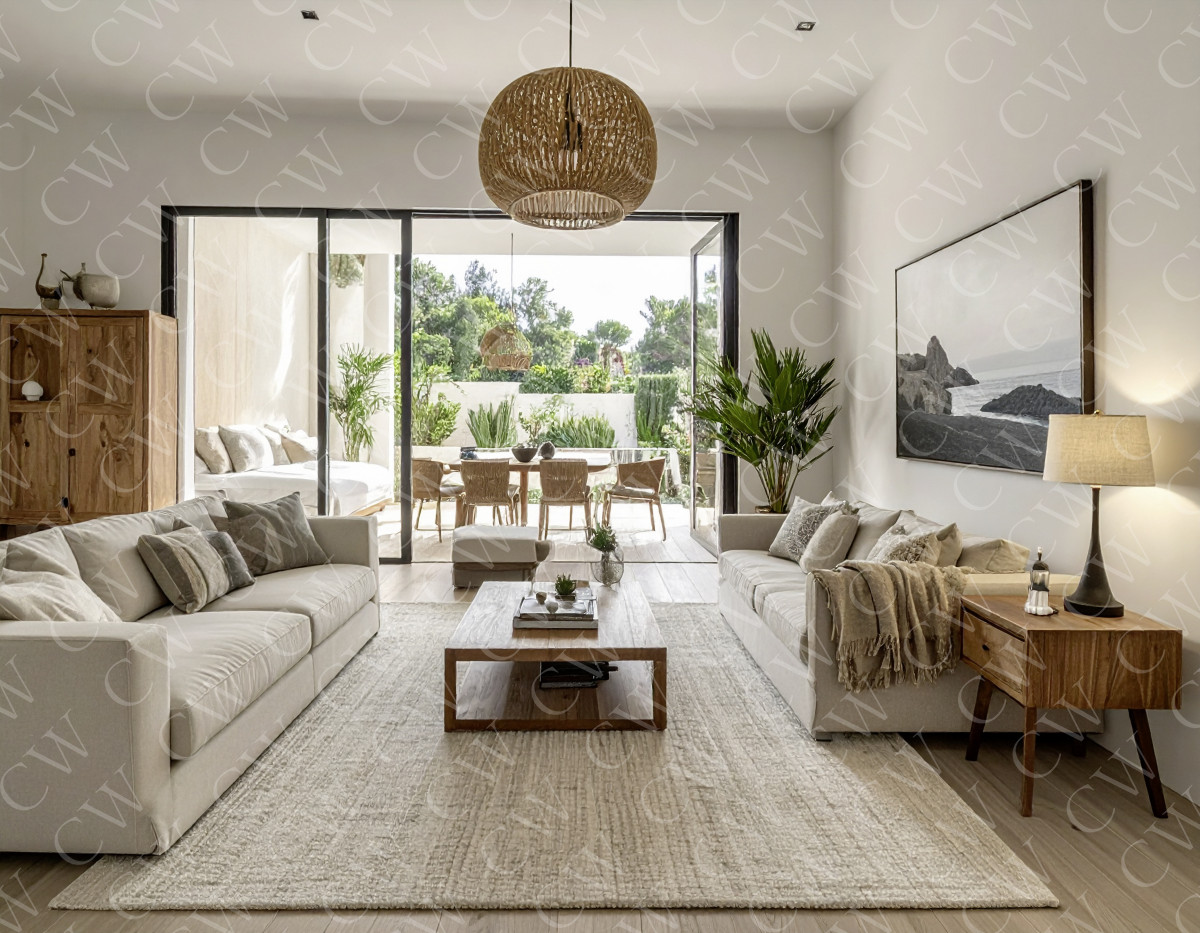 Helles Wohnzimmer mit zwei Sofas, Holzmöbeln, Teppich und Zugang zum Balkon.