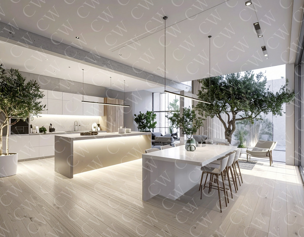 Helle, moderne Wohnküche mit Insel, Essbereich, großen Fenstern und grünen Pflanzen.