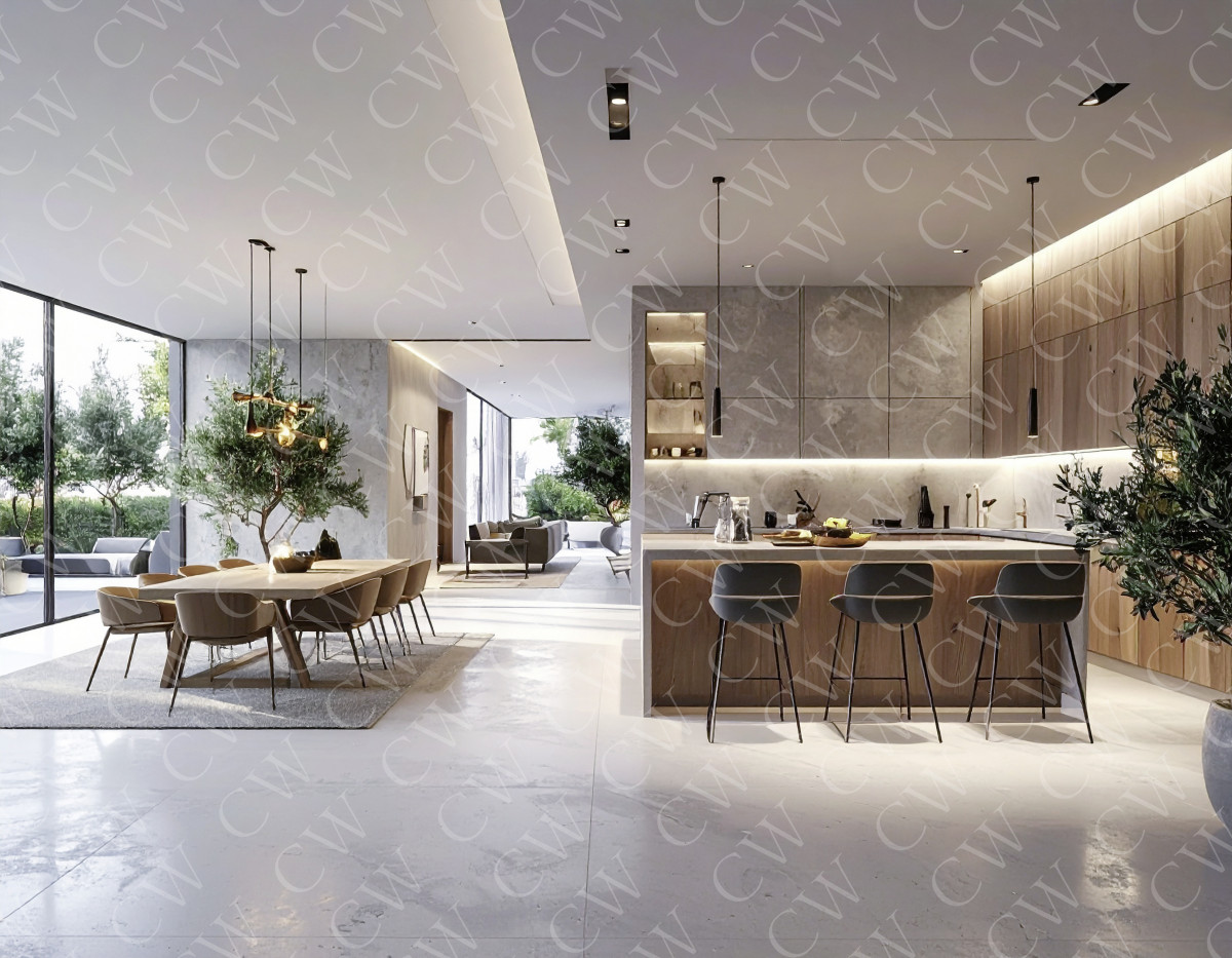 Offene, moderne Küche mit Holzfronten, Essbereich und großen Fenstern zum Garten