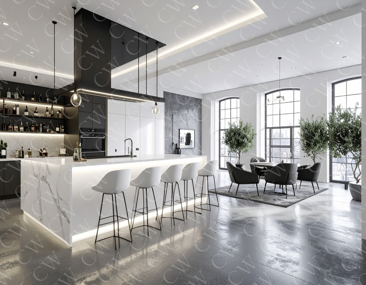 Große moderne Küche mit Kochinsel, Barhockern und angrenzendem Wohnbereich.