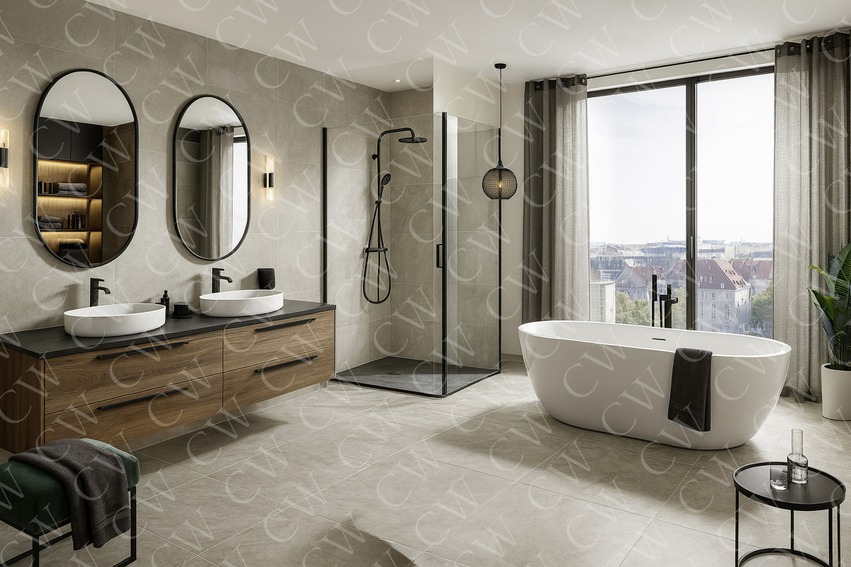 Modern eingerichtetes Badezimmer mit großer Badewanne, Dusche, Doppelwaschbecken und Stadtblick.