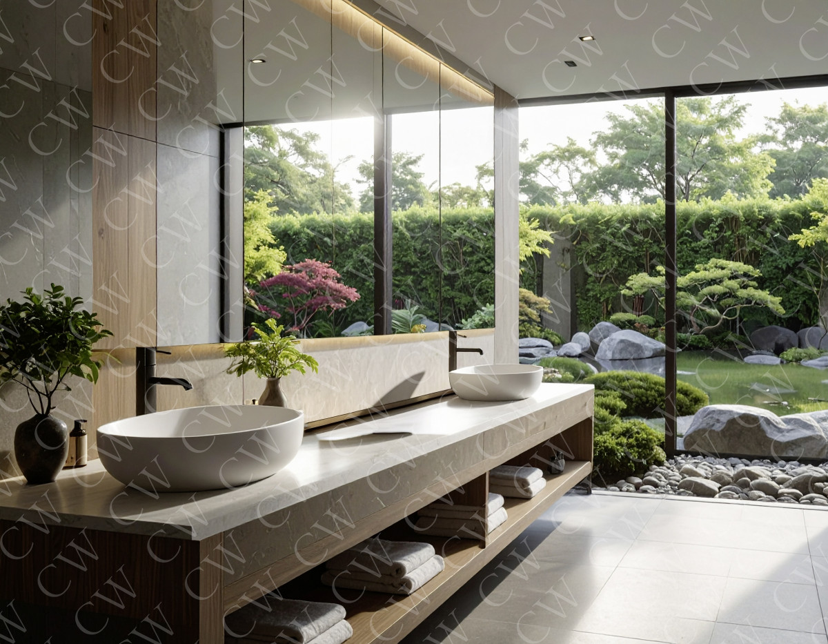 Helles Badezimmer mit zwei Waschbecken und großem Fenster zum japanischen Garten