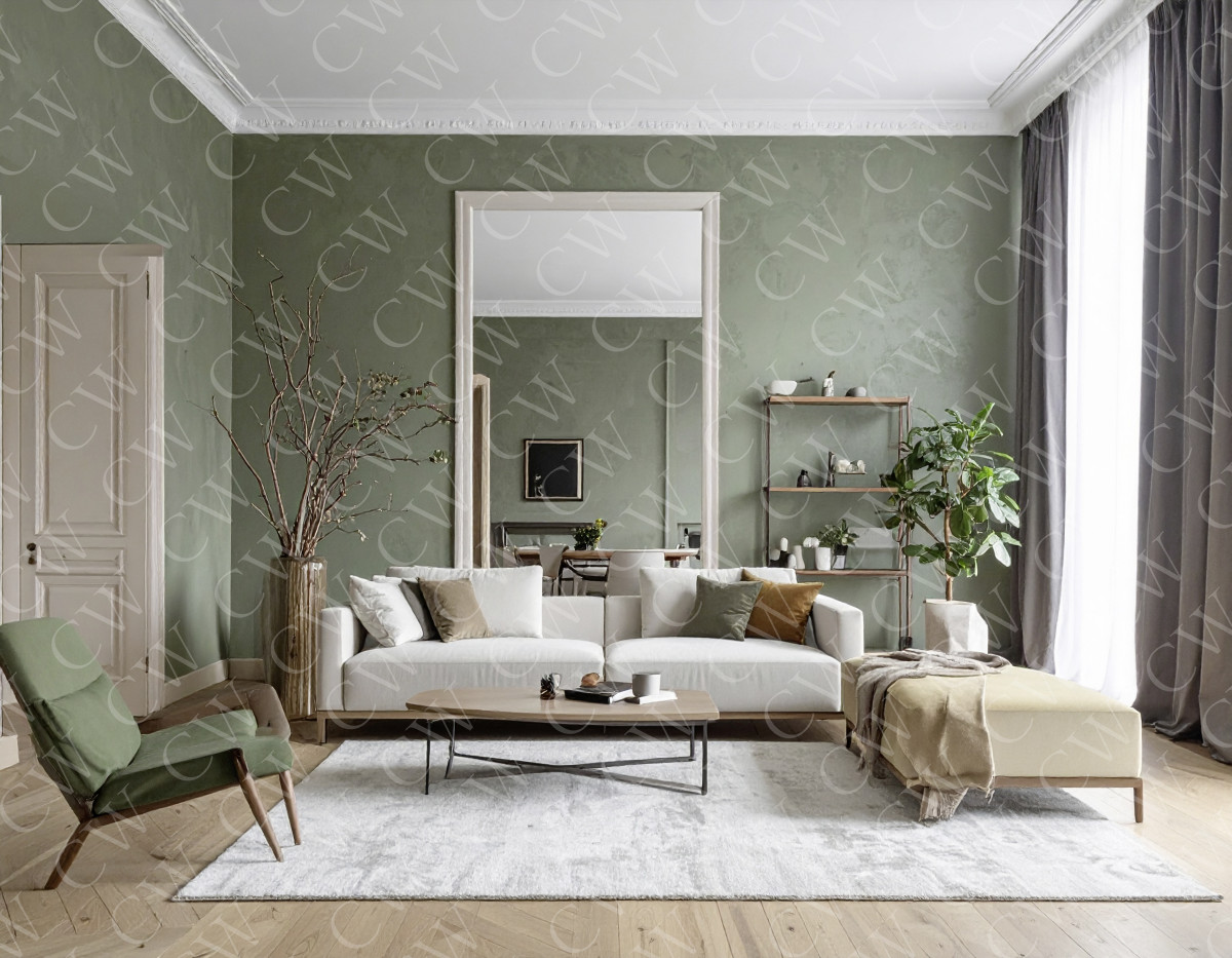 Helles Wohnzimmer mit grün gestrichenen Wänden, Sofa, Sessel, Regal und Pflanze.