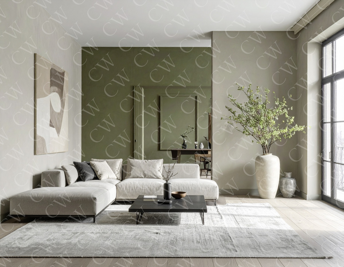 Stilvoll eingerichtetes Wohnzimmer mit großem Sofa, Couchtisch und Fensterfront