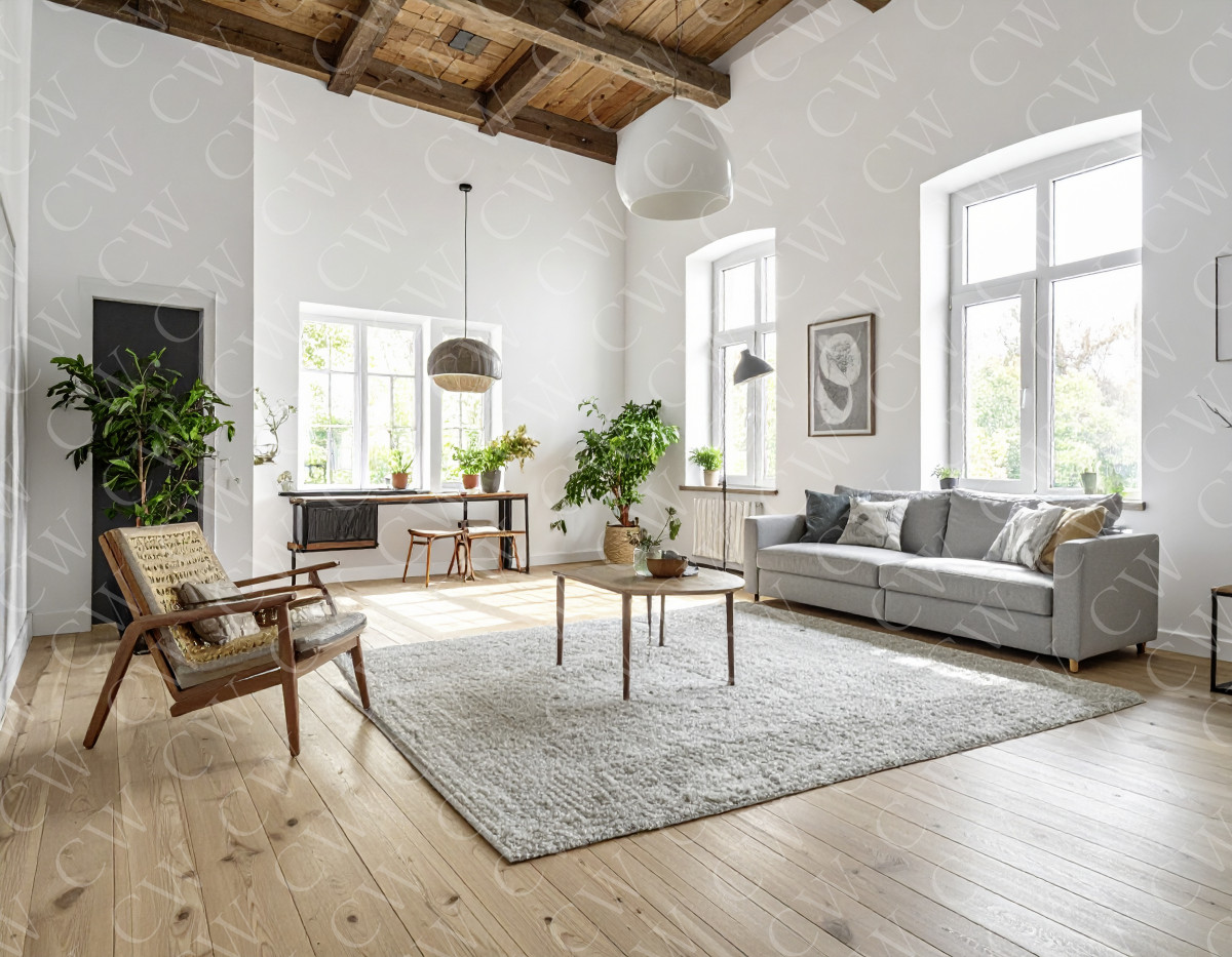 Großzügiges, helles Wohnzimmer mit Holzboden, großen Fenstern und moderner Einrichtung.