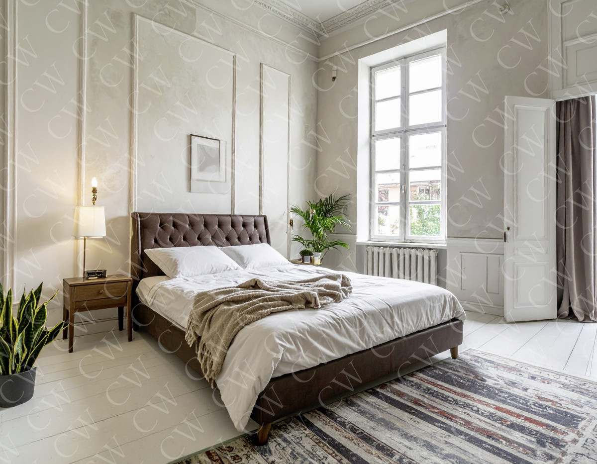 Helles Schlafzimmer mit Doppelbett, Nachttischlampe, Teppich und großen Fenstern