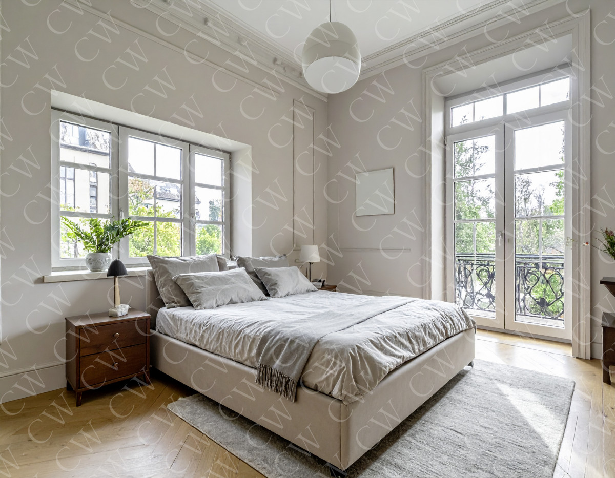 Geräumiges Schlafzimmer mit Doppelbett, großen Fenstern und Balkonzugang.