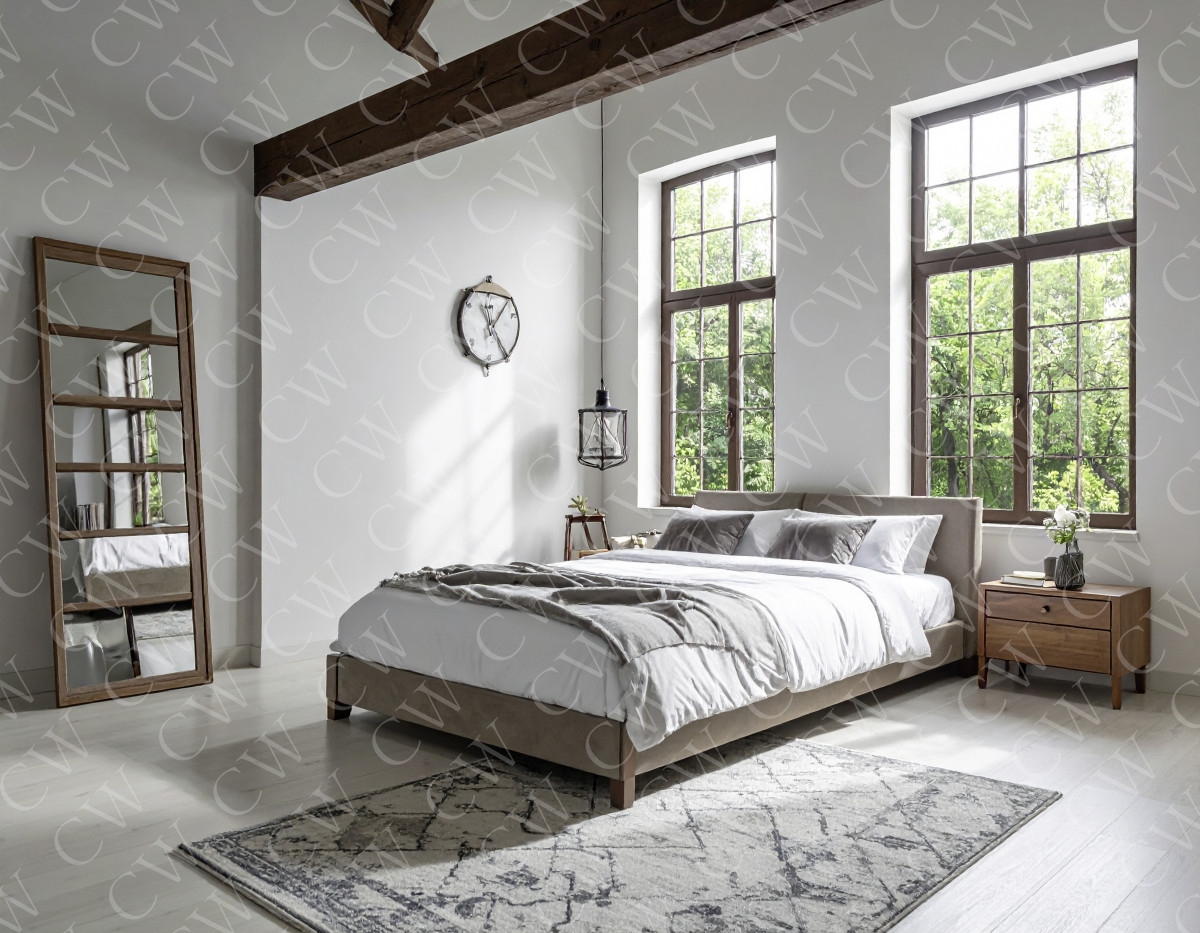 Modern eingerichtetes Schlafzimmer mit großen Fenstern, Doppelbett, Spiegel und Nachttischen.