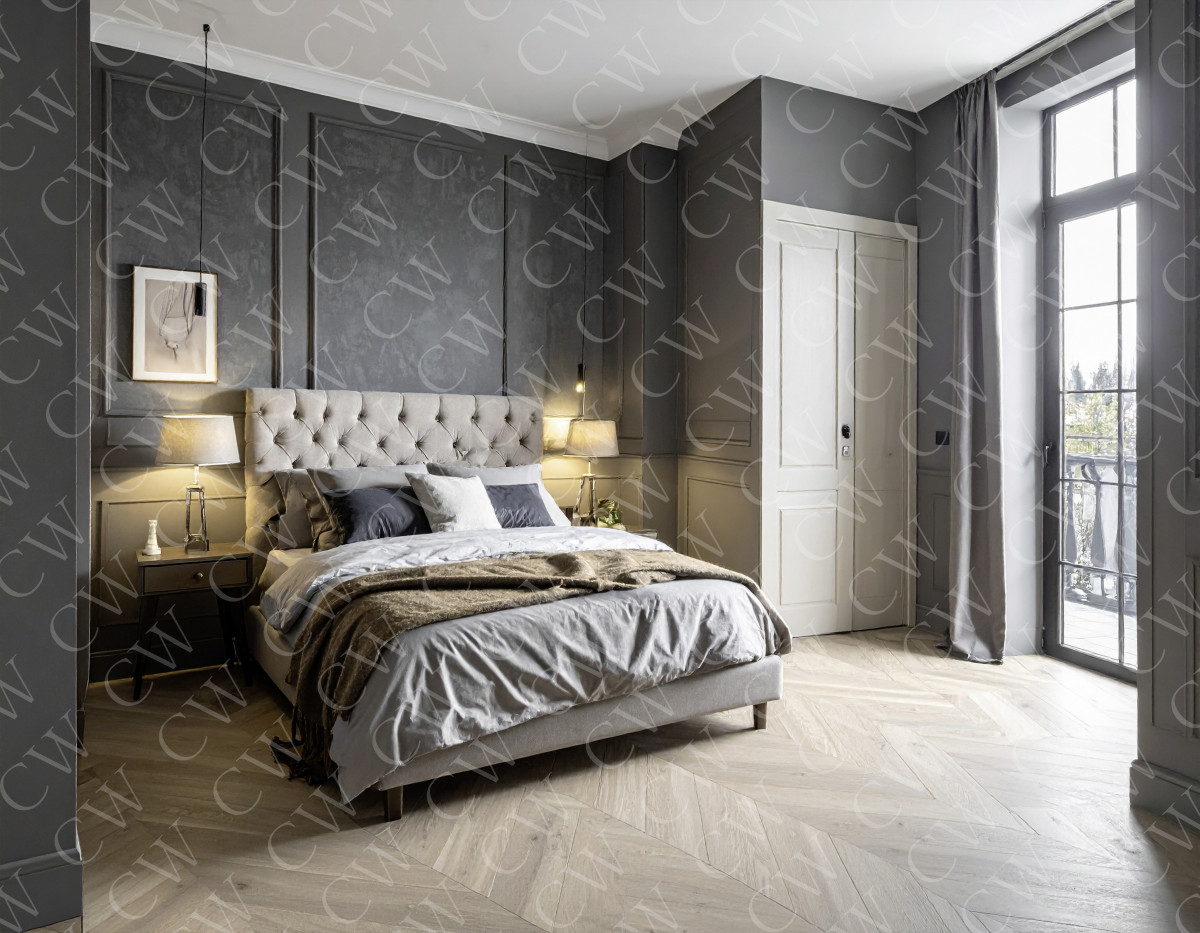 Modern eingerichtetes Schlafzimmer mit grauer Wand, großem Fenster und gemütlichem Bett.