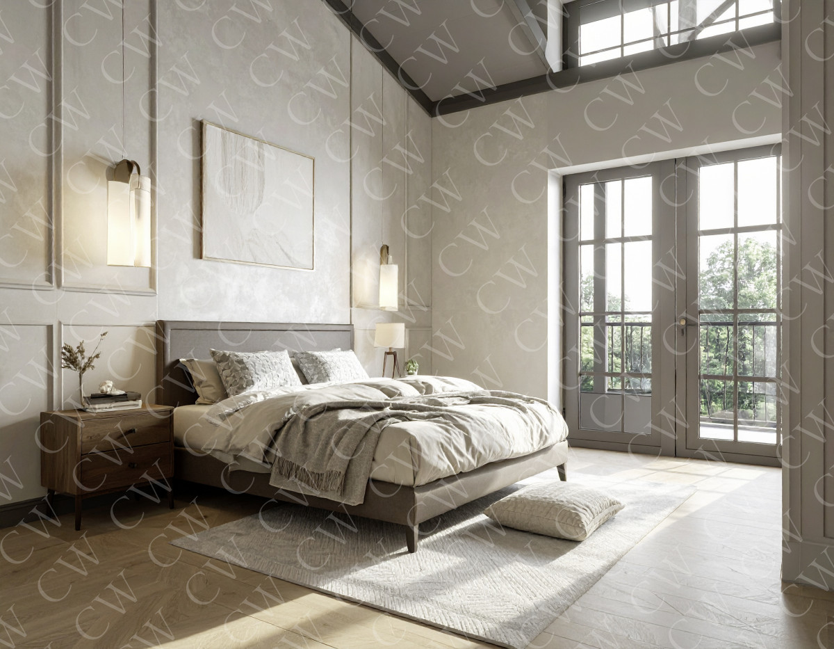 Helles, modern eingerichtetes Schlafzimmer mit Bett, Nachttisch und großen Fenstern.