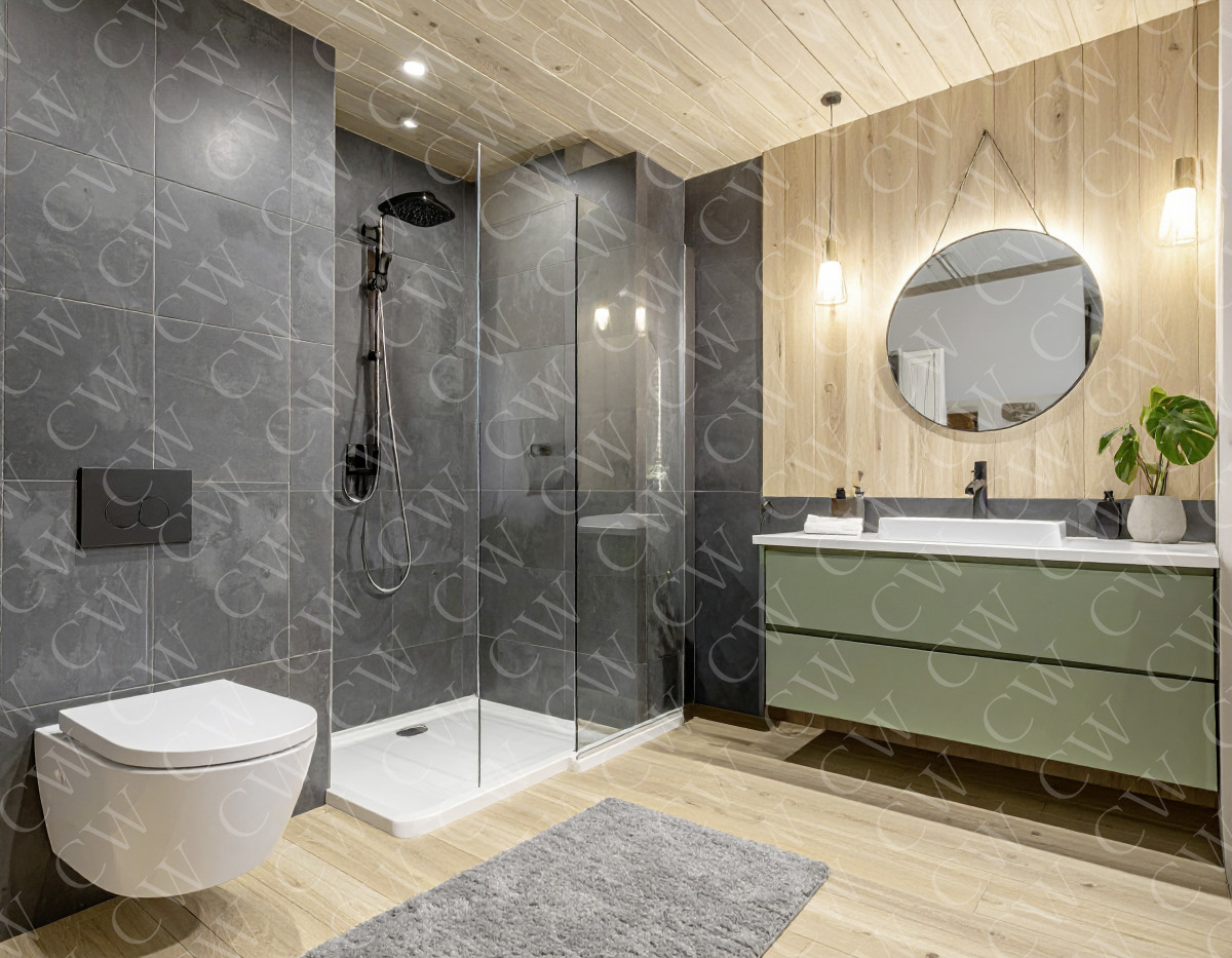 Modernes Badezimmer mit großer Walk-in-Dusche, Wandtoilette und Holzverkleidung