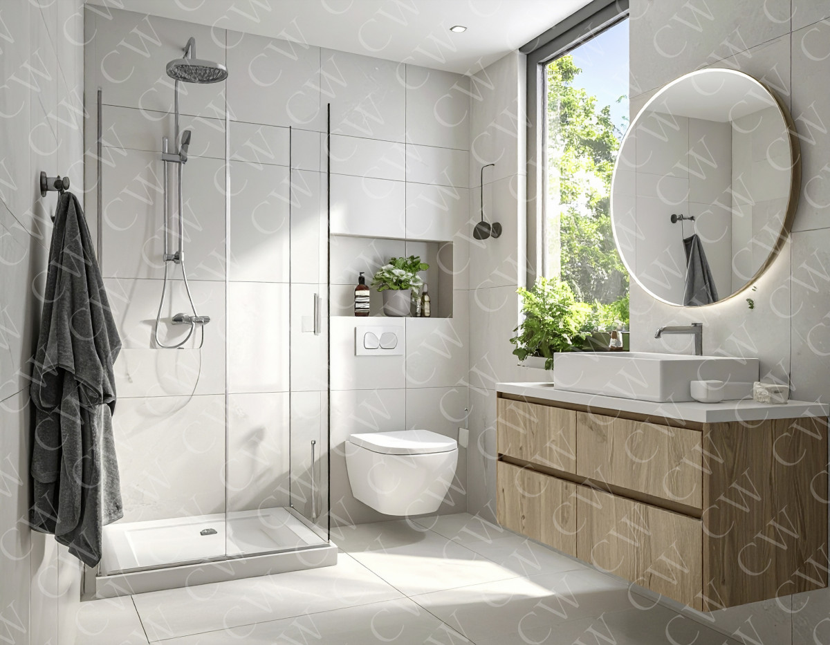 Helles, modernes Badezimmer mit großer Dusche, Holzwaschtisch und rundem Spiegel.