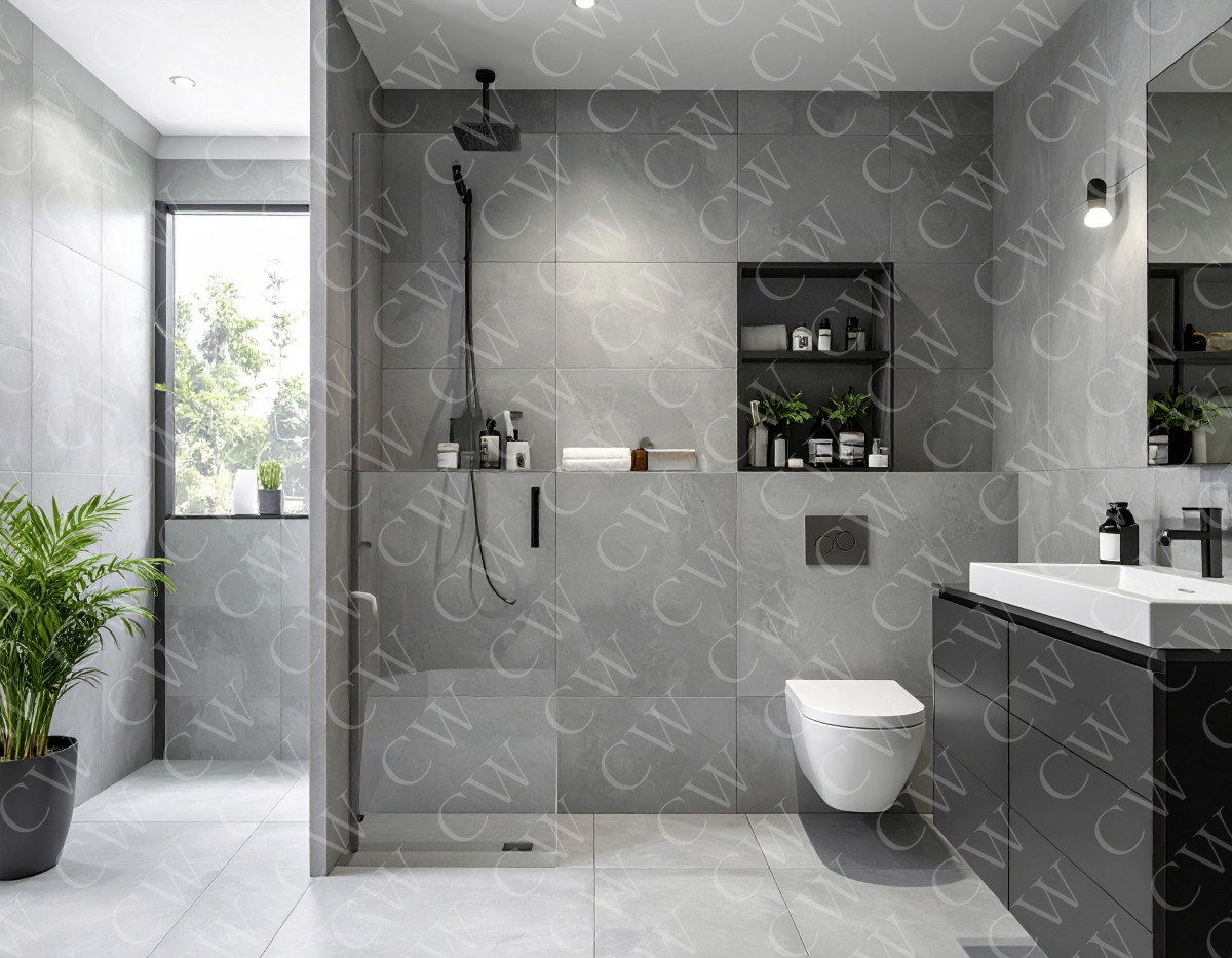 Modernes Badezimmer mit großen grauen Fliesen, Walk-In-Dusche, schwarzer Armatur und Wand-WC.
